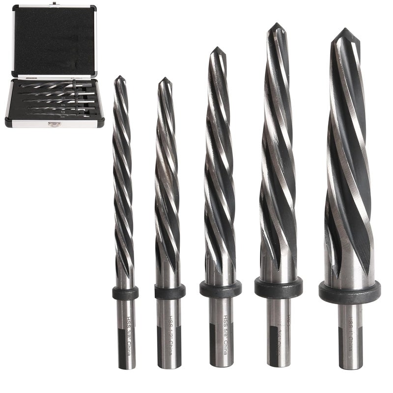 Riyhch 5PCS M2 HSS Taper Chucking Reamer Set 3/8",1/2",5/8",3/4",1 Fit 1/2" Round Shank Construction Reamer Drill Bit Bridge Also for Wood Alloy Steel Metal Align The existing Hole and Expand The Reamer - Image 1